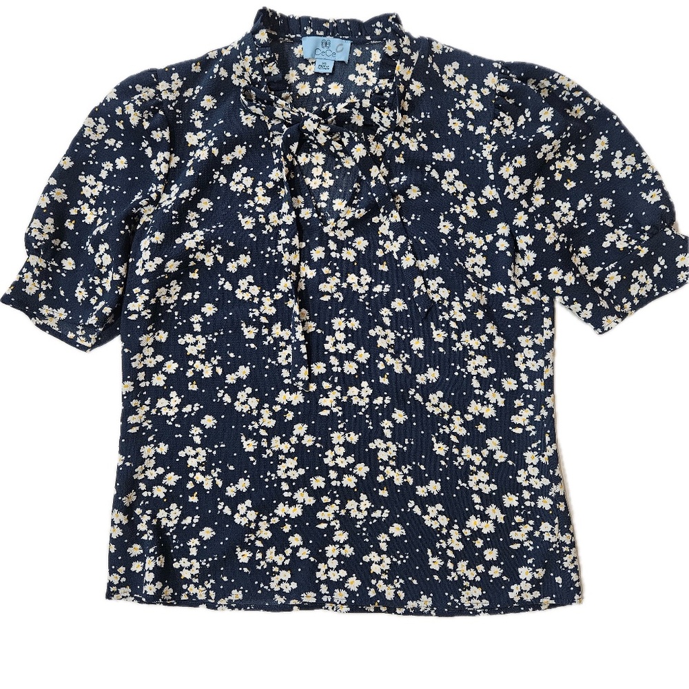 CeCe Blouse Womens XS Blue High Neck Tie Bow Ruffle‎ Floral Polyester Stretch